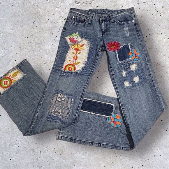 Miss Me Denim - Vintage Miss Me Bohemian Embroidered Flower Patch Flare Jeans Womens 27x33 Blue